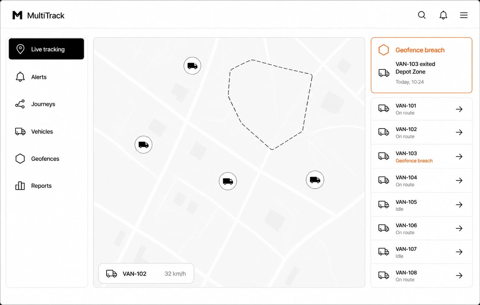 MultiTrack live tracking dashboard showing fleet vehicles and a geofence breach alert